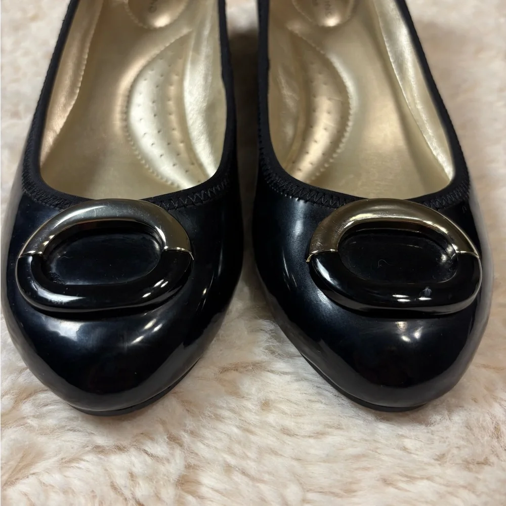 Bandolino Black Patent Wedge Pumps with Champagne Gold Detail